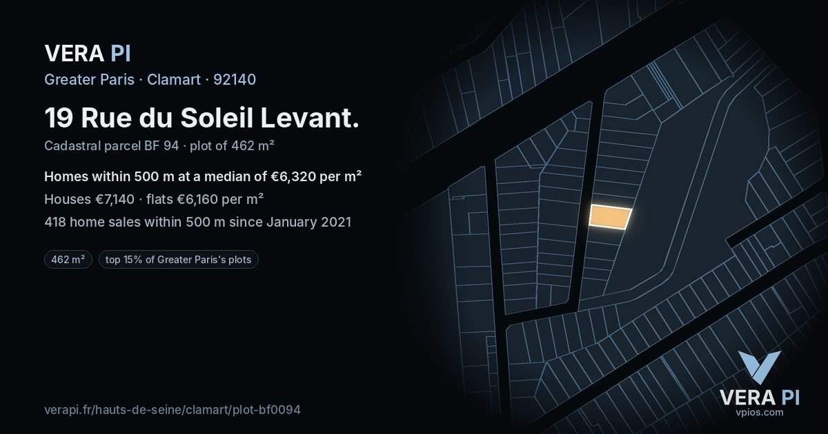 19 Rue du Soleil Levant, Clamart at night – the plot lit, the parcels around coloured by the prices near them