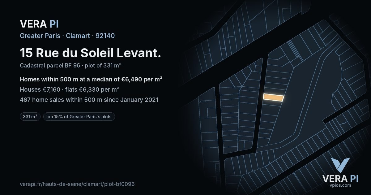15 Rue du Soleil Levant, Clamart at night – the plot lit, the parcels around coloured by the prices near them