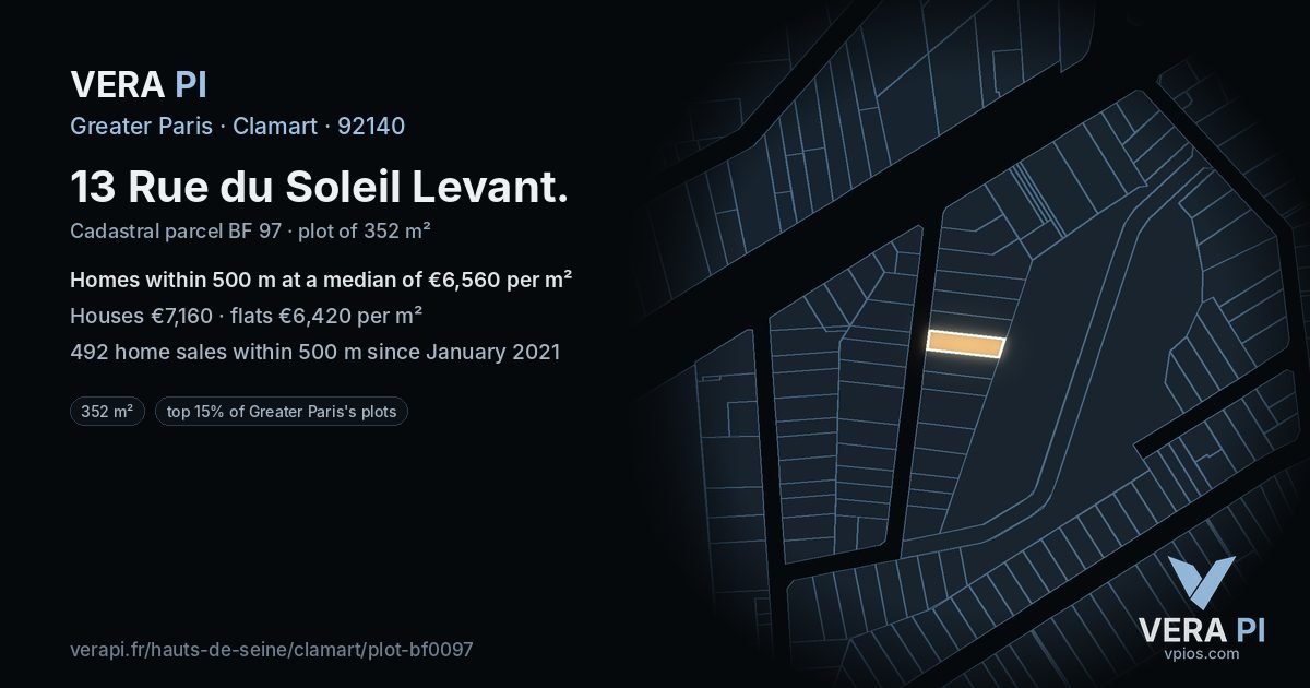 13 Rue du Soleil Levant, Clamart at night – the plot lit, the parcels around coloured by the prices near them