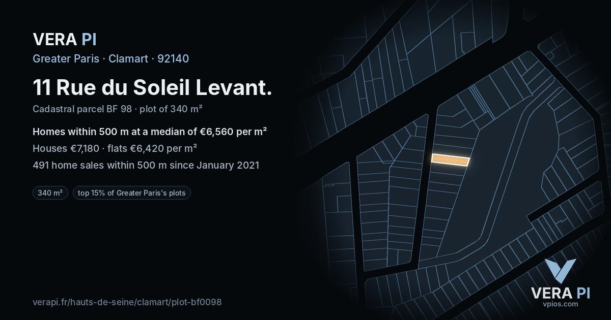 11 Rue du Soleil Levant, Clamart at night – the plot lit, the parcels around coloured by the prices near them