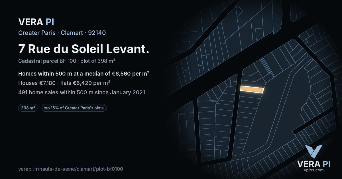 7 Rue du Soleil Levant, Clamart at night – the plot lit, the parcels around coloured by the prices near them