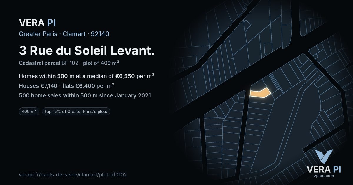 3 Rue du Soleil Levant, Clamart at night – the plot lit, the parcels around coloured by the prices near them