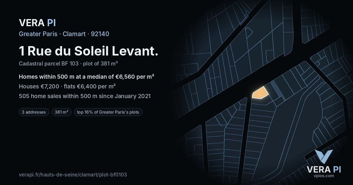 1 Rue du Soleil Levant, Clamart at night – the plot lit, the parcels around coloured by the prices near them