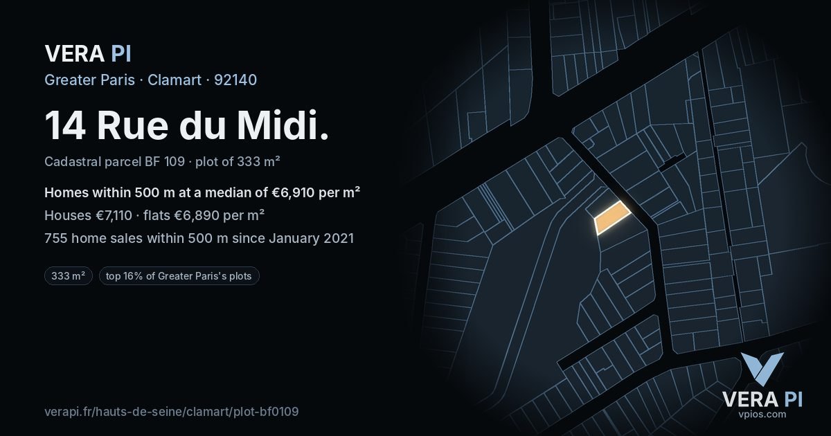 14 Rue du Midi, Clamart at night – the plot lit, the parcels around coloured by the prices near them