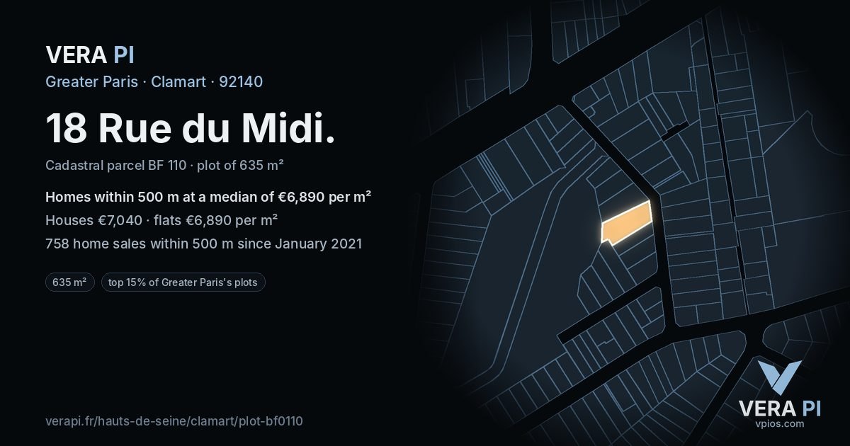 18 Rue du Midi, Clamart at night – the plot lit, the parcels around coloured by the prices near them
