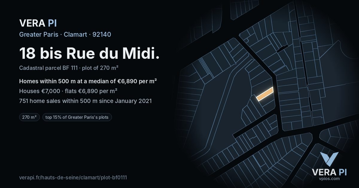 18 bis Rue du Midi, Clamart at night – the plot lit, the parcels around coloured by the prices near them