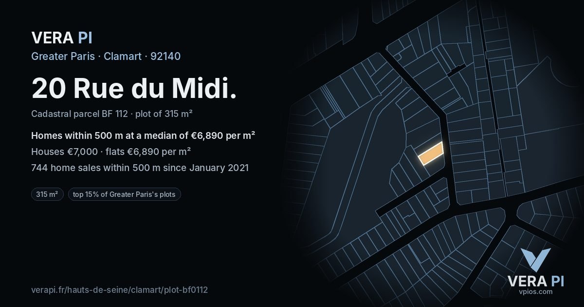 20 Rue du Midi, Clamart at night – the plot lit, the parcels around coloured by the prices near them