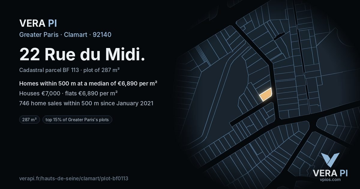22 Rue du Midi, Clamart at night – the plot lit, the parcels around coloured by the prices near them