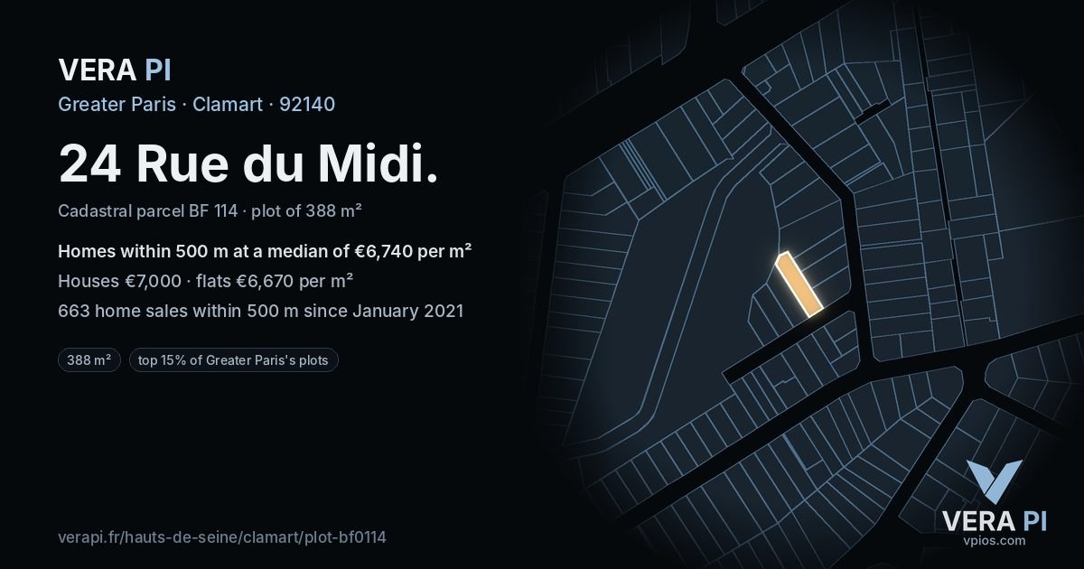24 Rue du Midi, Clamart at night – the plot lit, the parcels around coloured by the prices near them
