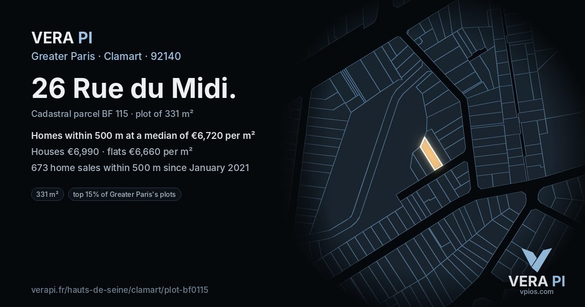 26 Rue du Midi, Clamart at night – the plot lit, the parcels around coloured by the prices near them