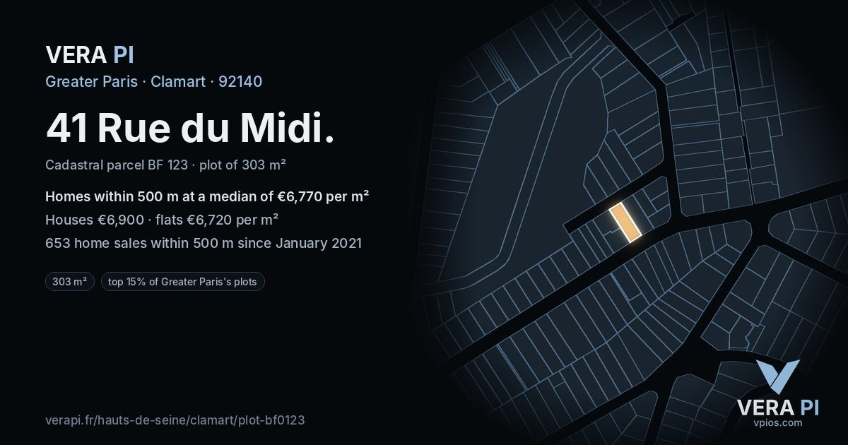 41 Rue du Midi, Clamart at night – the plot lit, the parcels around coloured by the prices near them