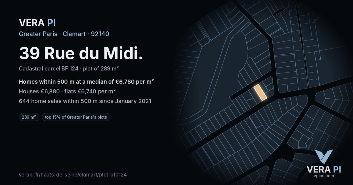 39 Rue du Midi, Clamart at night – the plot lit, the parcels around coloured by the prices near them