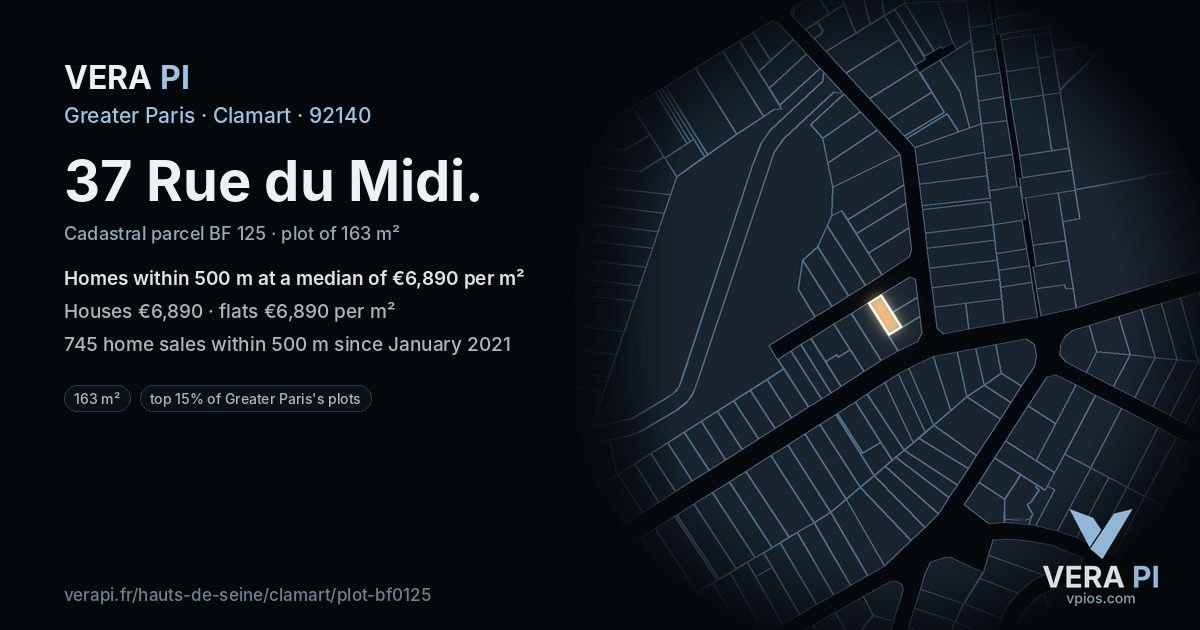37 Rue du Midi, Clamart at night – the plot lit, the parcels around coloured by the prices near them