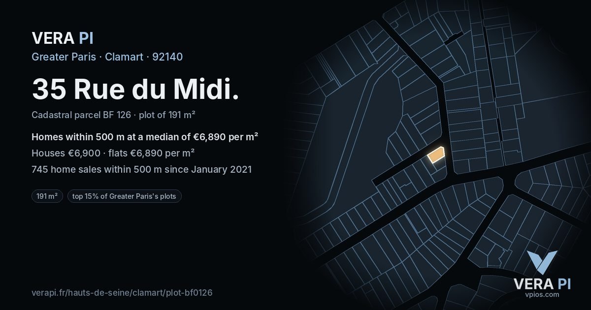 35 Rue du Midi, Clamart at night – the plot lit, the parcels around coloured by the prices near them