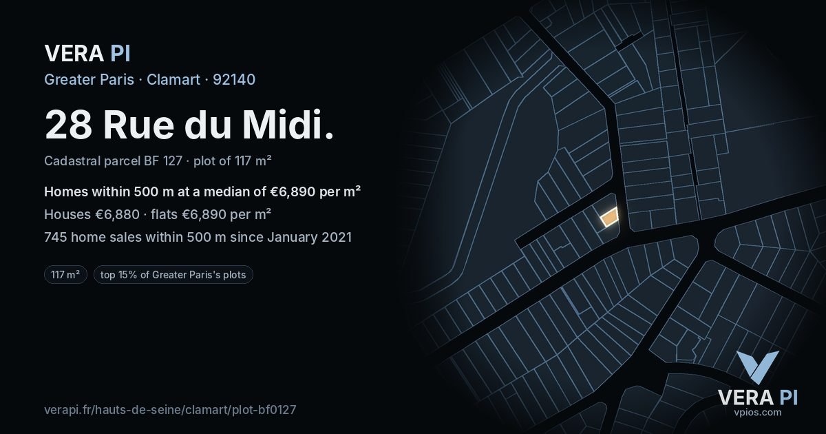 28 Rue du Midi, Clamart at night – the plot lit, the parcels around coloured by the prices near them