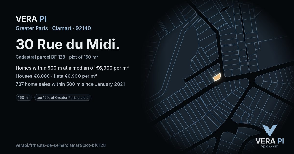 30 Rue du Midi, Clamart at night – the plot lit, the parcels around coloured by the prices near them