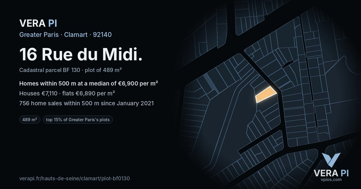 16 Rue du Midi, Clamart at night – the plot lit, the parcels around coloured by the prices near them