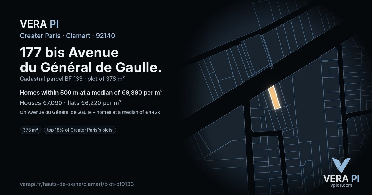 177 bis Avenue du Général de Gaulle, Clamart at night – the plot lit, the parcels around coloured by the prices near them