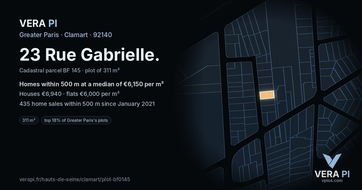23 Rue Gabrielle, Clamart at night – the plot lit, the parcels around coloured by the prices near them
