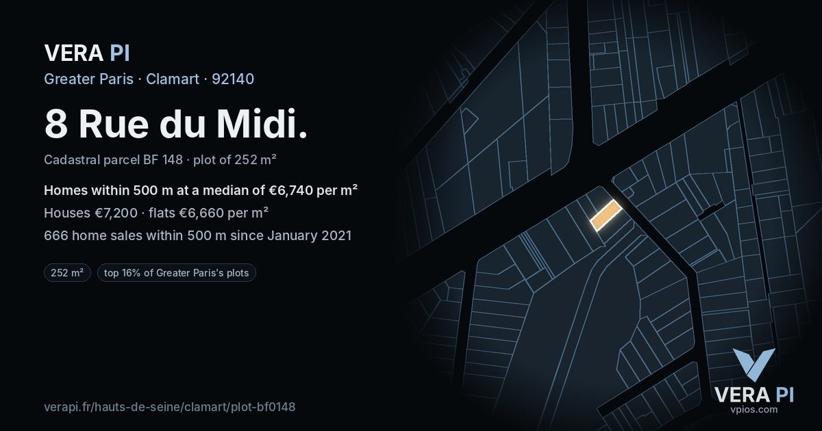 8 Rue du Midi, Clamart at night – the plot lit, the parcels around coloured by the prices near them