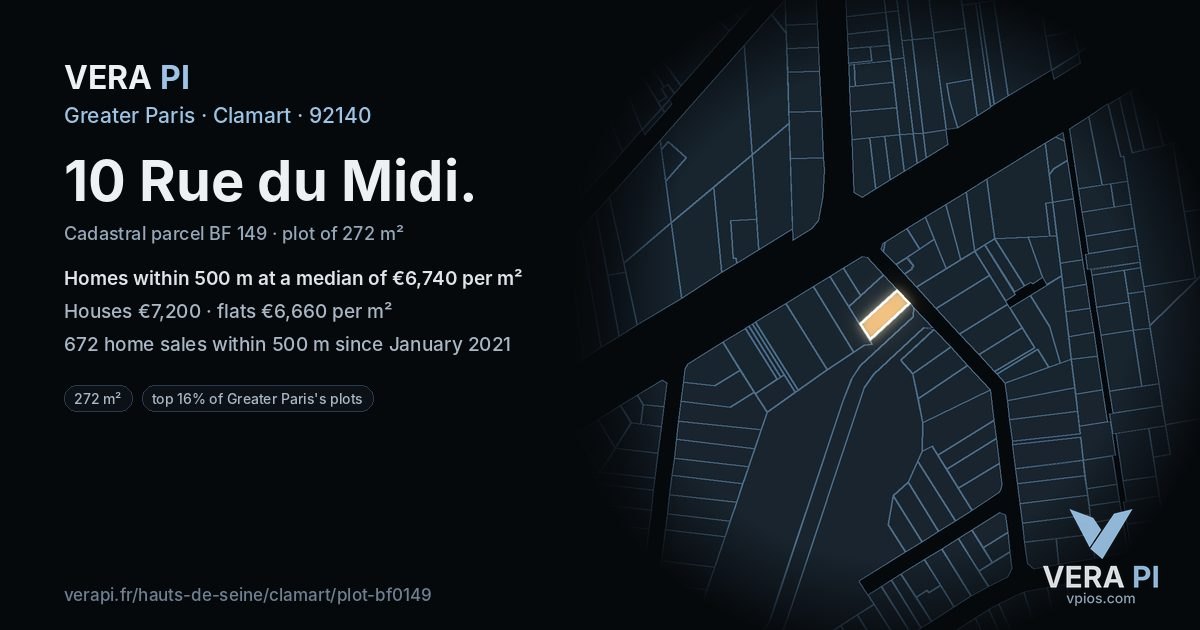 10 Rue du Midi, Clamart at night – the plot lit, the parcels around coloured by the prices near them