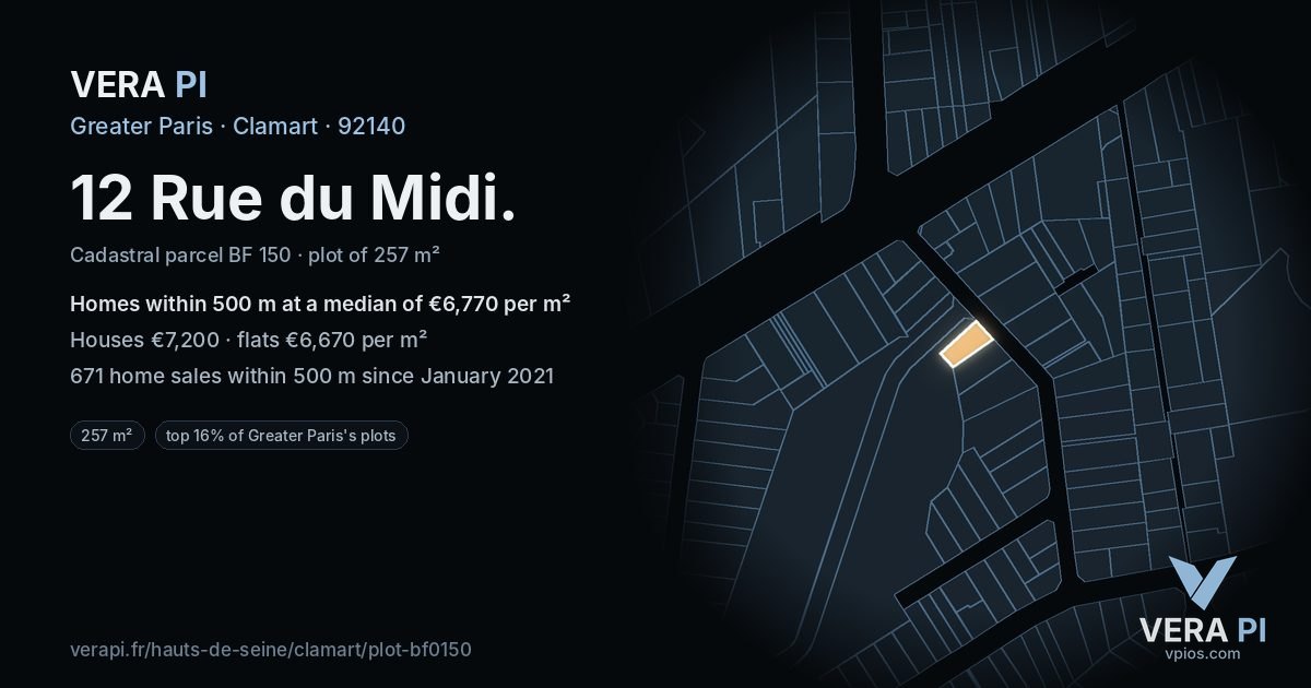 12 Rue du Midi, Clamart at night – the plot lit, the parcels around coloured by the prices near them