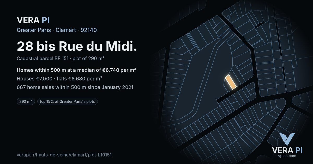 28 bis Rue du Midi, Clamart at night – the plot lit, the parcels around coloured by the prices near them