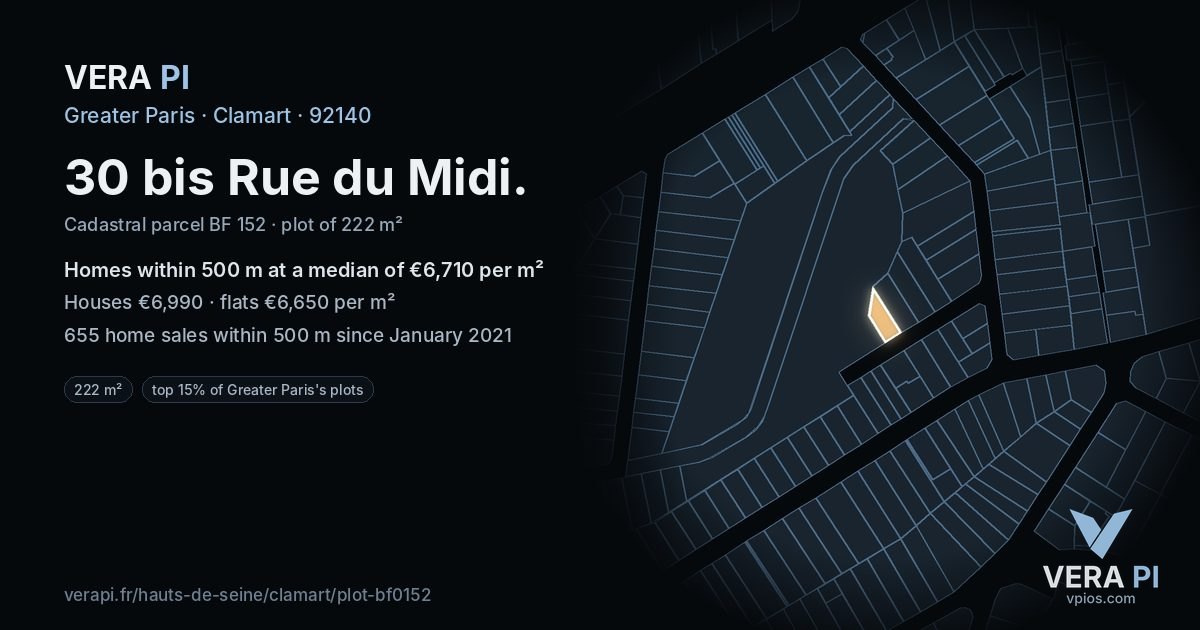 30 bis Rue du Midi, Clamart at night – the plot lit, the parcels around coloured by the prices near them
