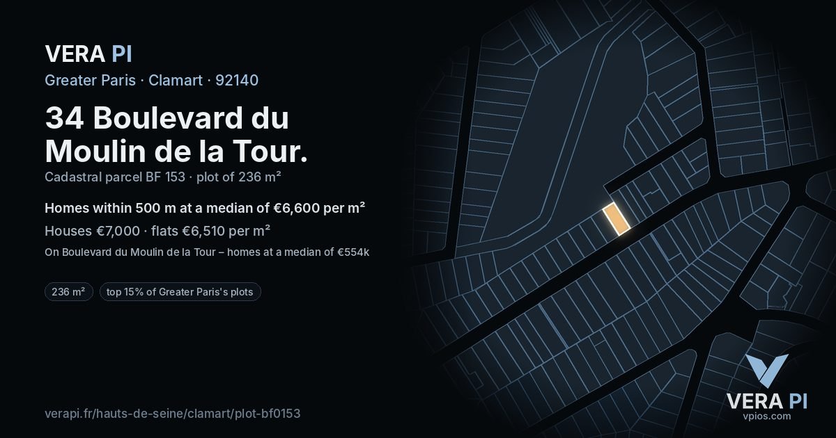 34 Boulevard du Moulin de la Tour, Clamart at night – the plot lit, the parcels around coloured by the prices near them