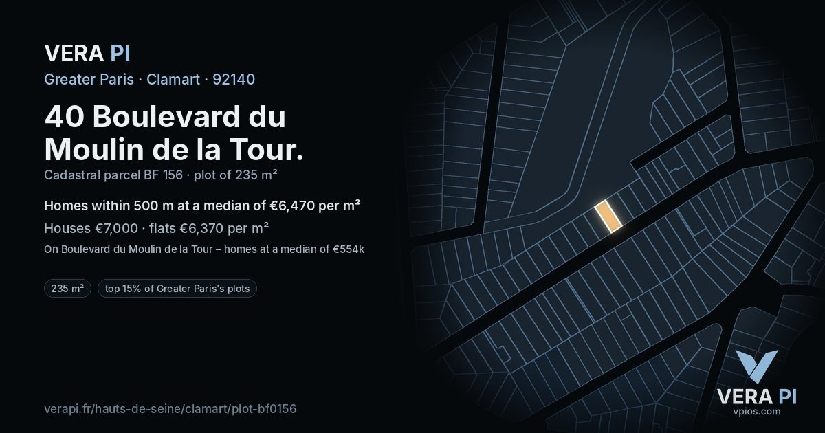 40 Boulevard du Moulin de la Tour, Clamart at night – the plot lit, the parcels around coloured by the prices near them