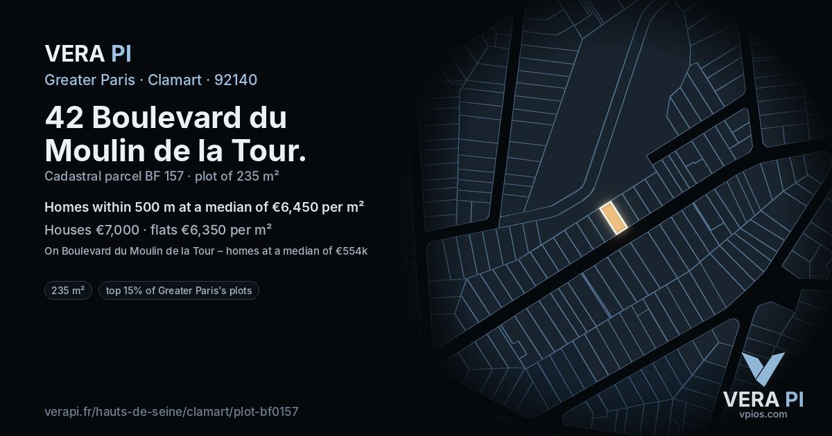 42 Boulevard du Moulin de la Tour, Clamart at night – the plot lit, the parcels around coloured by the prices near them