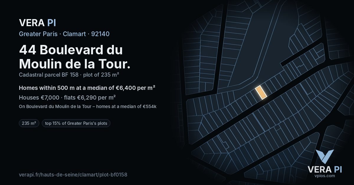 44 Boulevard du Moulin de la Tour, Clamart at night – the plot lit, the parcels around coloured by the prices near them