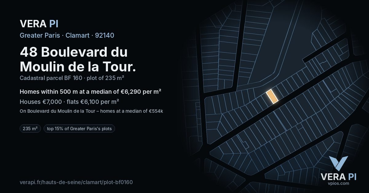 48 Boulevard du Moulin de la Tour, Clamart at night – the plot lit, the parcels around coloured by the prices near them