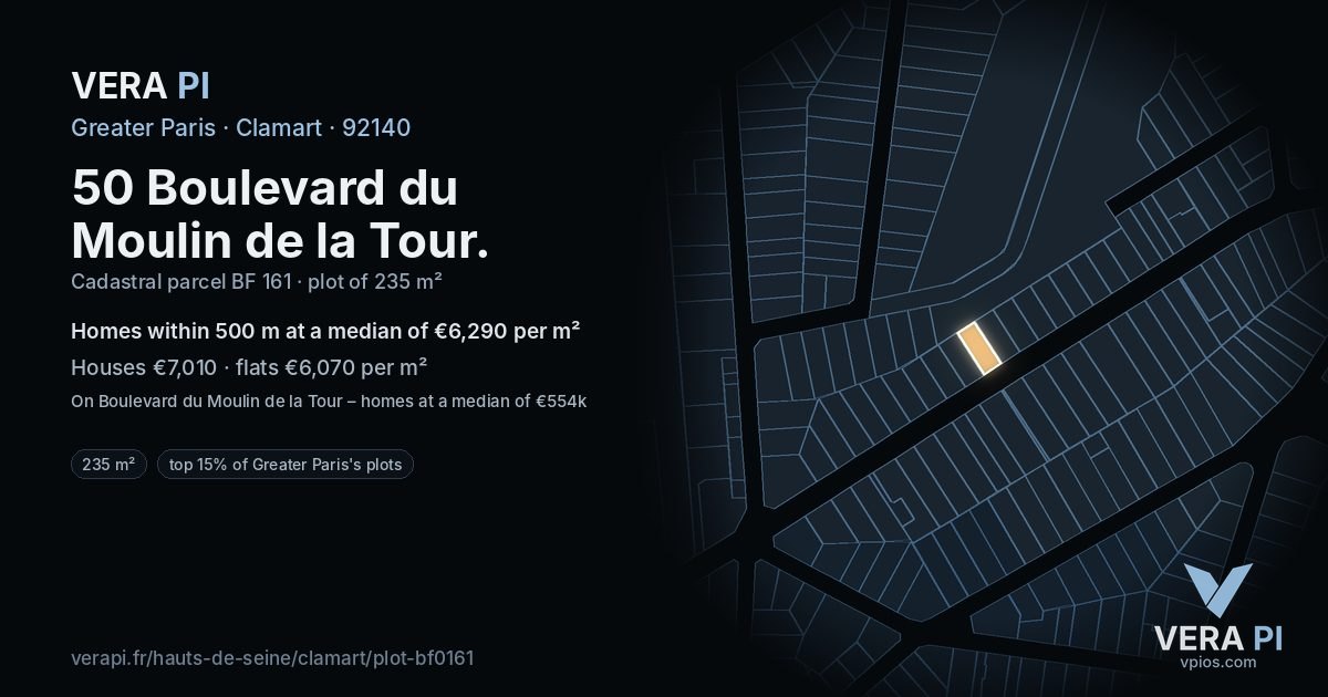 50 Boulevard du Moulin de la Tour, Clamart at night – the plot lit, the parcels around coloured by the prices near them