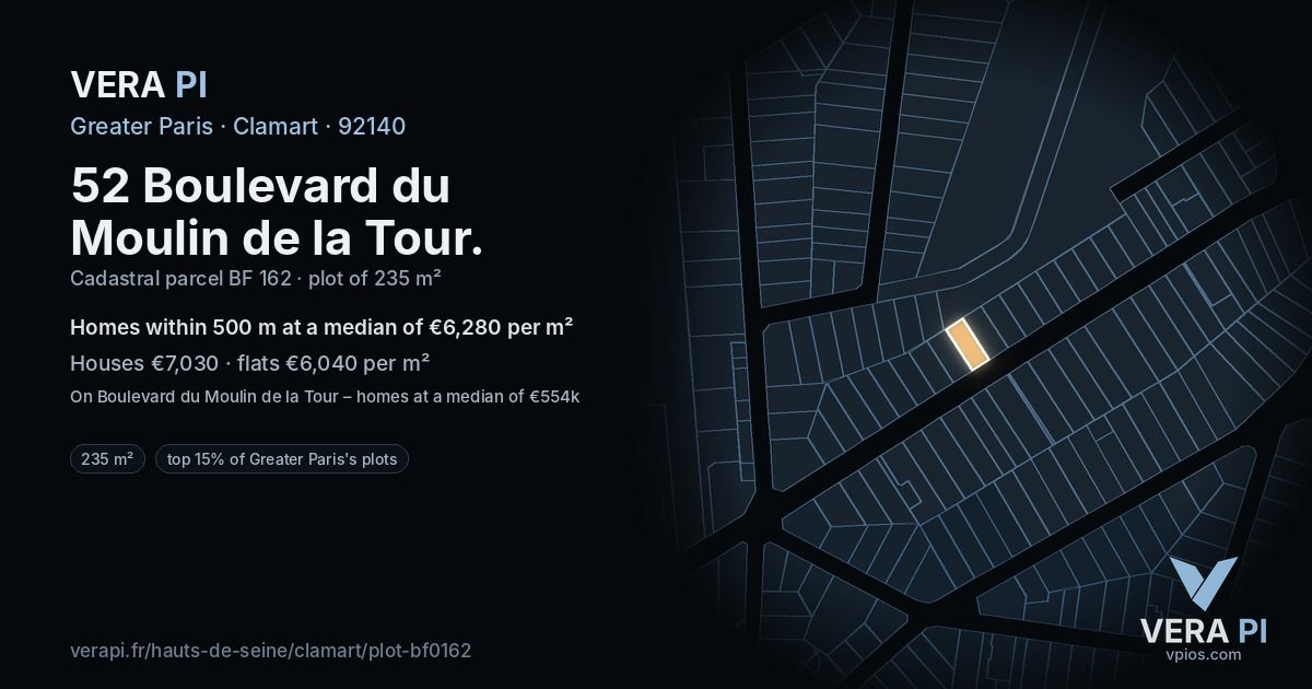 52 Boulevard du Moulin de la Tour, Clamart at night – the plot lit, the parcels around coloured by the prices near them