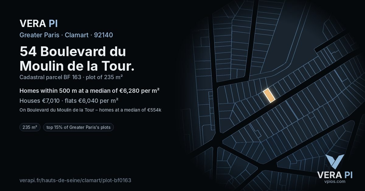 54 Boulevard du Moulin de la Tour, Clamart at night – the plot lit, the parcels around coloured by the prices near them