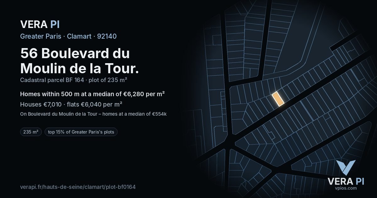 56 Boulevard du Moulin de la Tour, Clamart at night – the plot lit, the parcels around coloured by the prices near them