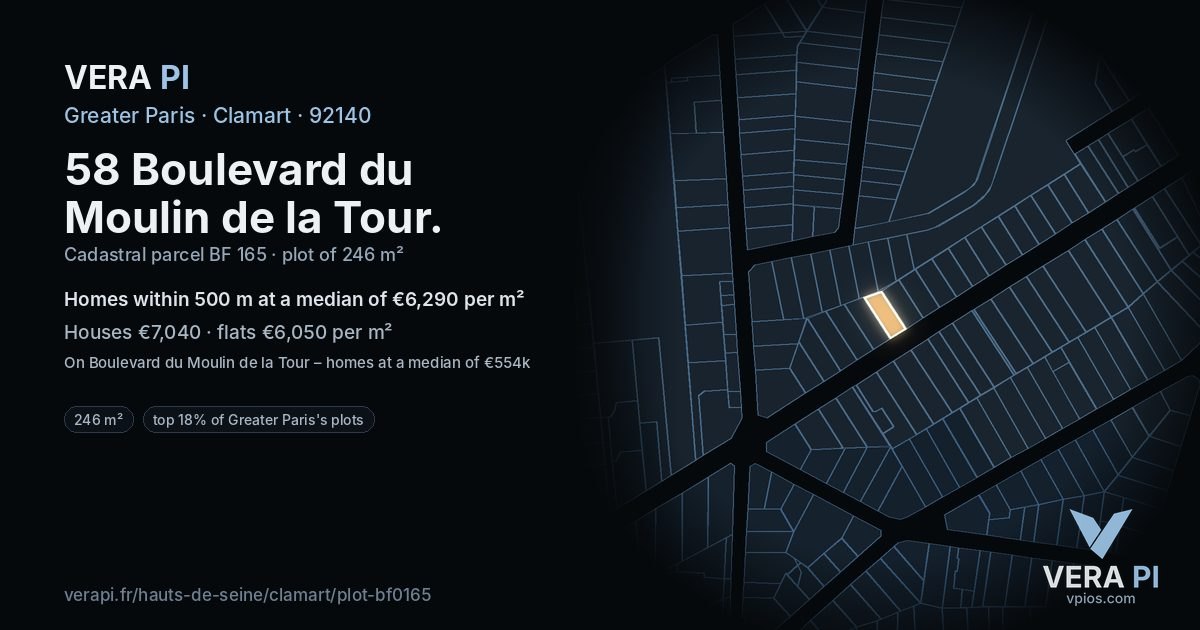 58 Boulevard du Moulin de la Tour, Clamart at night – the plot lit, the parcels around coloured by the prices near them