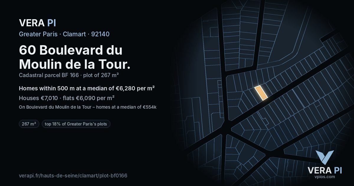 60 Boulevard du Moulin de la Tour, Clamart at night – the plot lit, the parcels around coloured by the prices near them