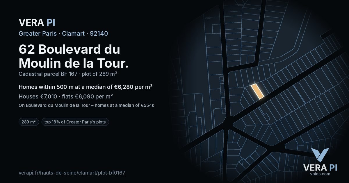 62 Boulevard du Moulin de la Tour, Clamart at night – the plot lit, the parcels around coloured by the prices near them