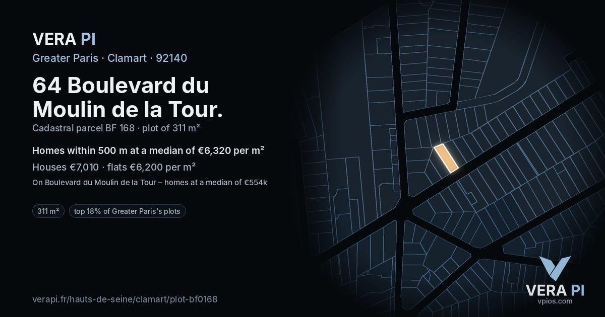 64 Boulevard du Moulin de la Tour, Clamart at night – the plot lit, the parcels around coloured by the prices near them