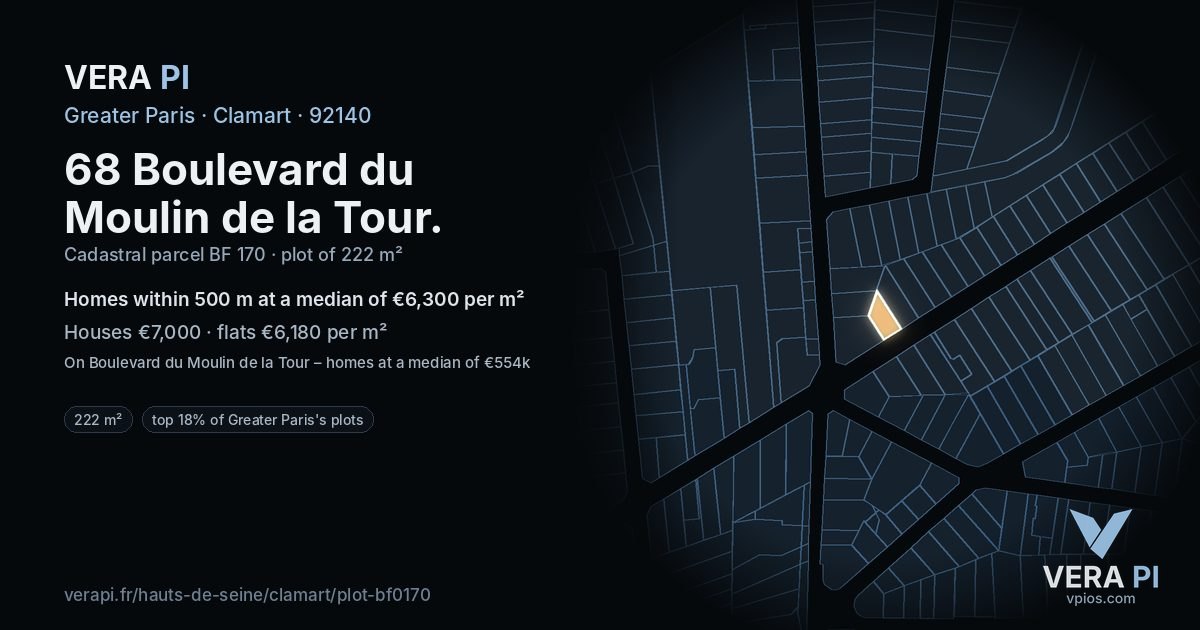 68 Boulevard du Moulin de la Tour, Clamart at night – the plot lit, the parcels around coloured by the prices near them