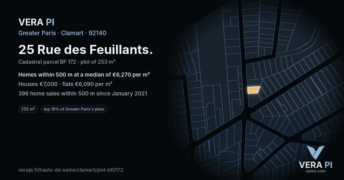 25 Rue des Feuillants, Clamart at night – the plot lit, the parcels around coloured by the prices near them