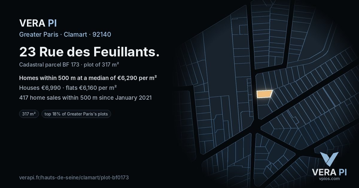 23 Rue des Feuillants, Clamart at night – the plot lit, the parcels around coloured by the prices near them