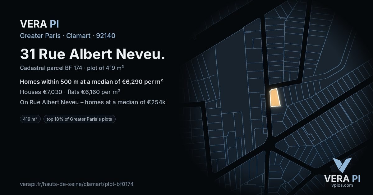 31 Rue Albert Neveu, Clamart at night – the plot lit, the parcels around coloured by the prices near them