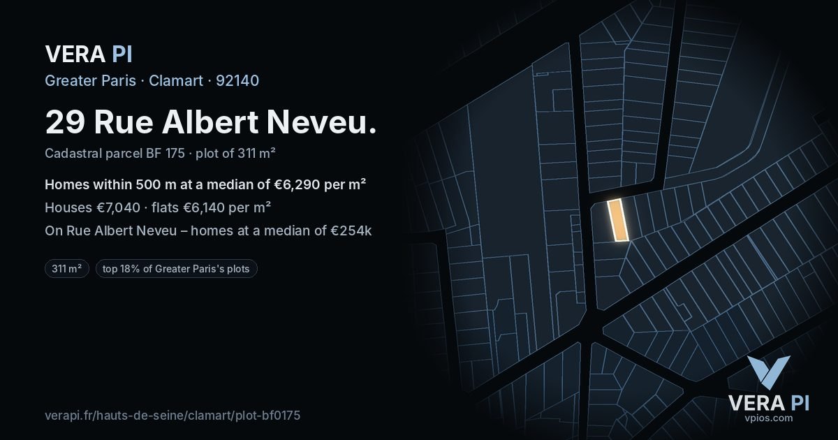 29 Rue Albert Neveu, Clamart at night – the plot lit, the parcels around coloured by the prices near them