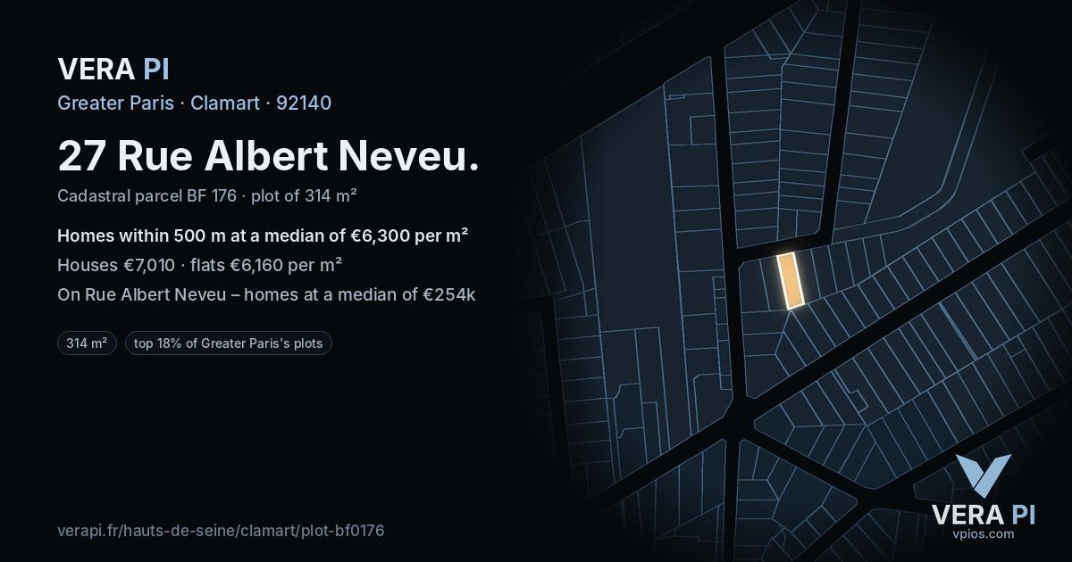 27 Rue Albert Neveu, Clamart at night – the plot lit, the parcels around coloured by the prices near them