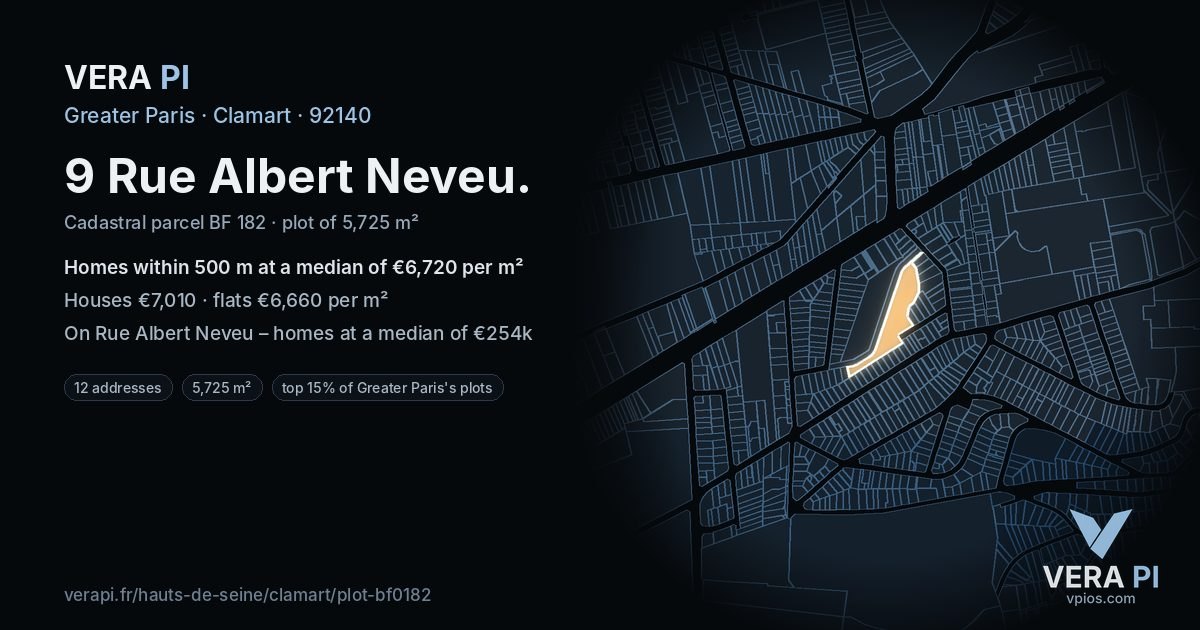 9 Rue Albert Neveu, Clamart at night – the plot lit, the parcels around coloured by the prices near them