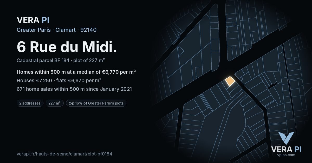 6 Rue du Midi, Clamart at night – the plot lit, the parcels around coloured by the prices near them