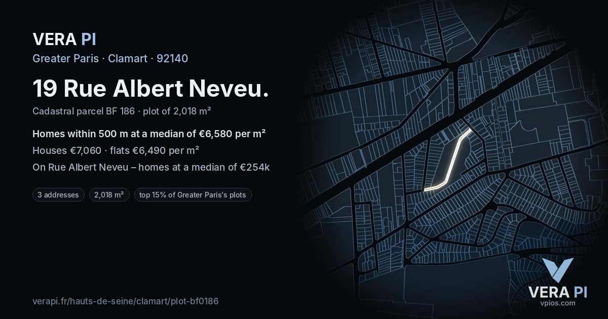 19 Rue Albert Neveu, Clamart at night – the plot lit, the parcels around coloured by the prices near them